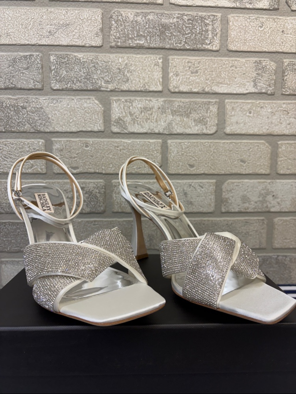 Badgley Mischka Brinlee Open Toe Heels with Crystals Size 10 White Satin